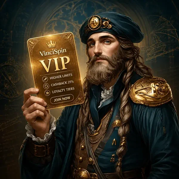 Ingeniero renacentista examinando tarjeta de lealtad VIP dorada de VinciSpin con recompensas exclusivas
