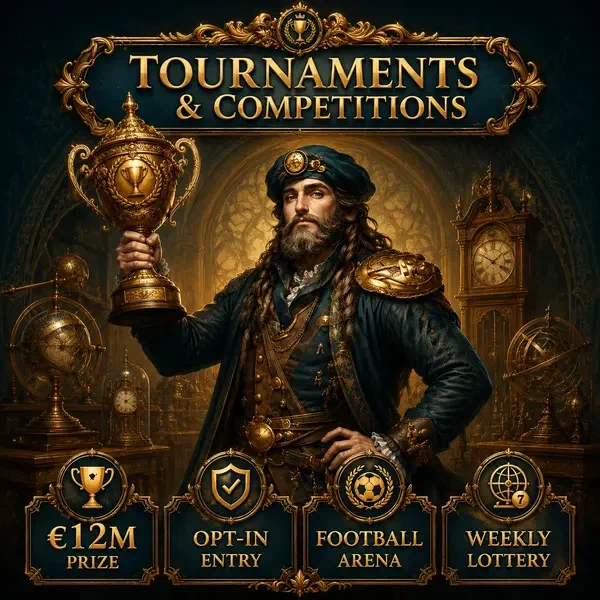 Maestro renacentista sosteniendo trofeo ornamentado en torneos de VinciSpin con competiciones de premios