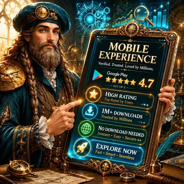 Inventor renacentista analizando calificaciones de app móvil de VinciSpin en tableta ornamentada brillante